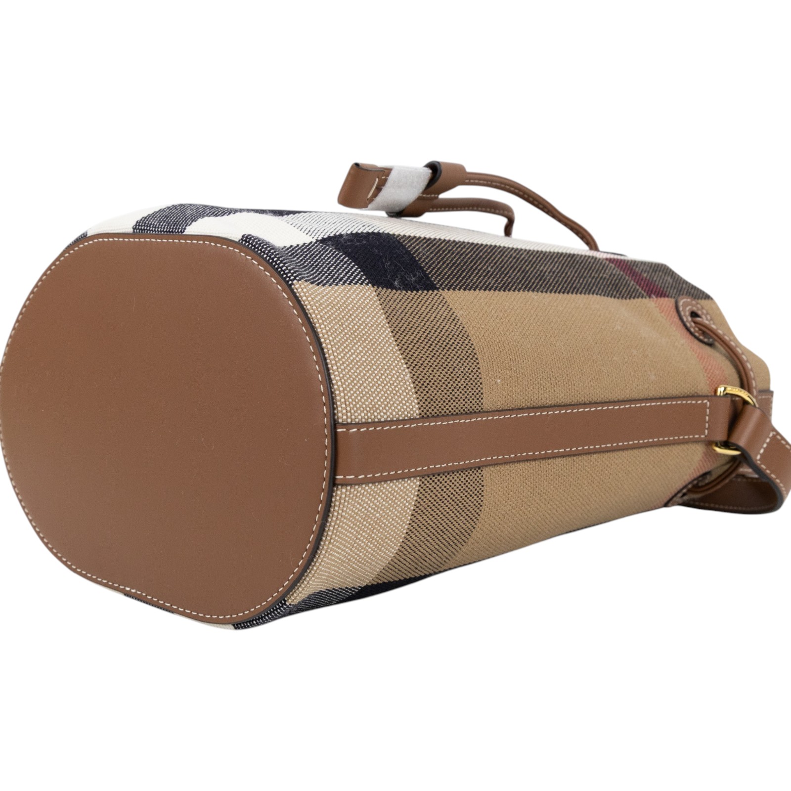 博柏利 BURBERRY 束口 水桶包  斜背包 8084045 咖格紋帆布牛皮飾邊束口水桶包 防塵袋