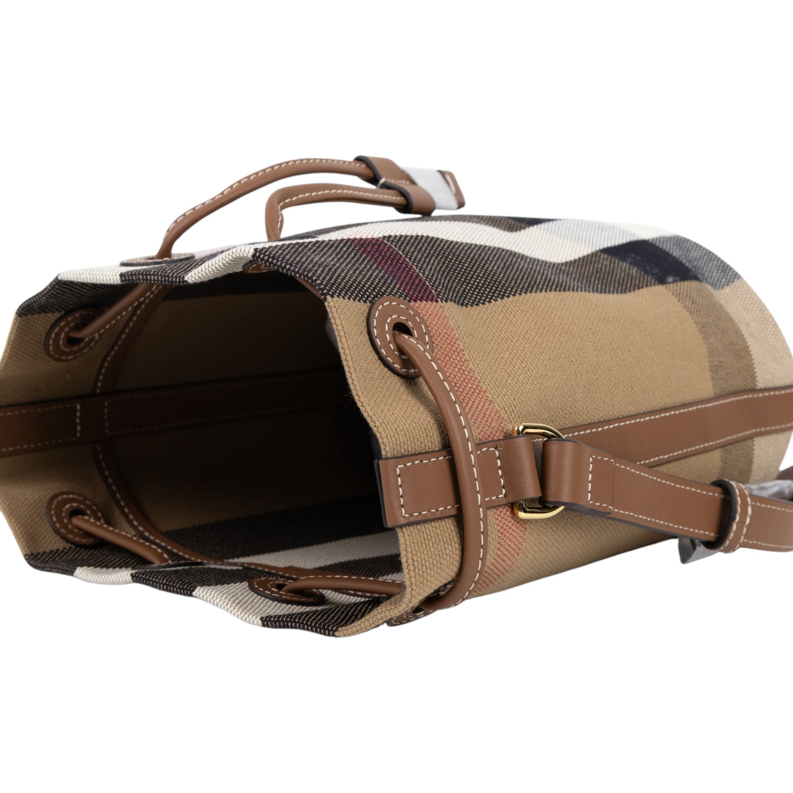 博柏利 BURBERRY 束口 水桶包  斜背包 8084045 咖格紋帆布牛皮飾邊束口水桶包 防塵袋