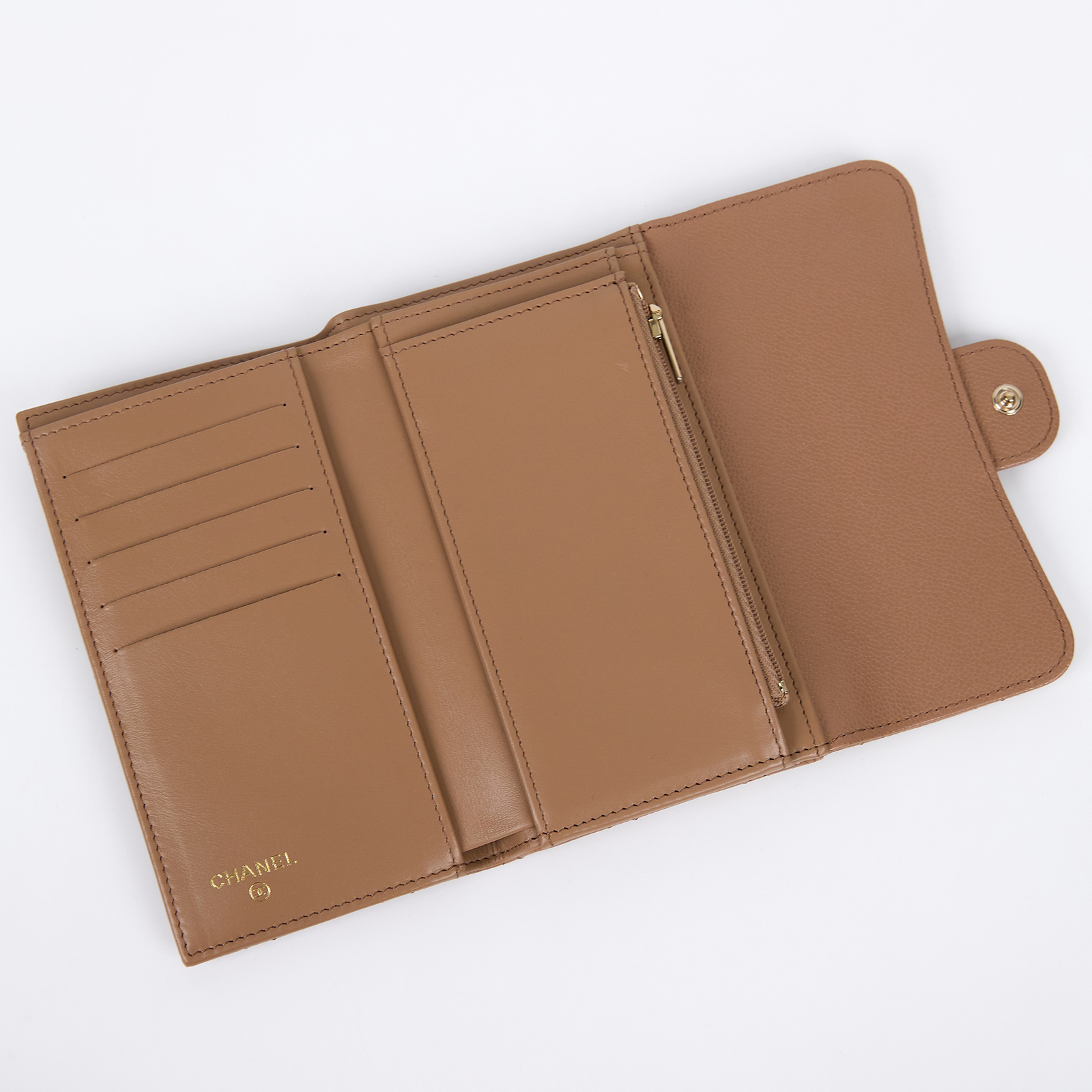 香奈兒 CHANEL 經典小香 菱格 荔枝紋 牛皮 銀釦 LOGO 中夾 AP0232 晶片款 奶茶金荔枝中夾 防塵袋