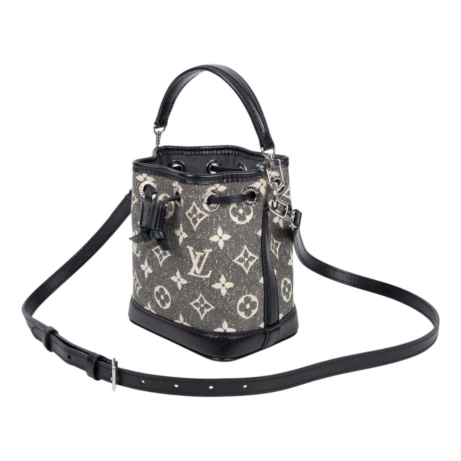 路易威登 LOUIS VUITTON Nano Noé 束口水桶包 黑色丹寧 M46449 黑白原花帆布NANO NOE 背帶2/(晶片消磁)