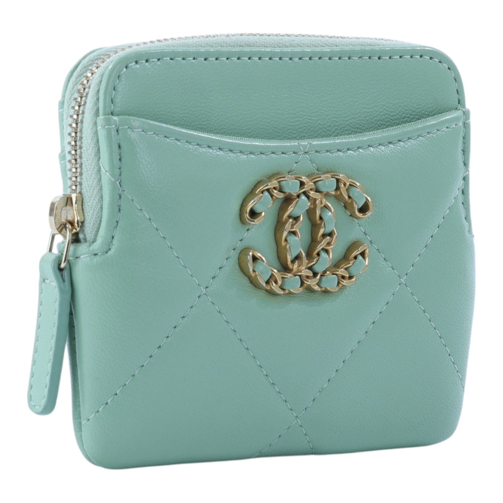 香奈兒 CHANEL 19 菱格紋 拉鍊零錢包 AP2086 晶片款 綠金19吐司零錢包 無附屬品