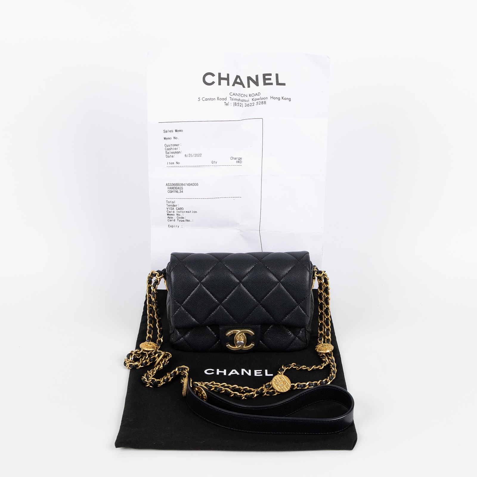 香奈兒 CHANEL 菱格紋 荔枝皮 方胖包 AS3368 B08474 晶片款 黑荔枝金幣方胖 防塵袋/國外購買證明影本