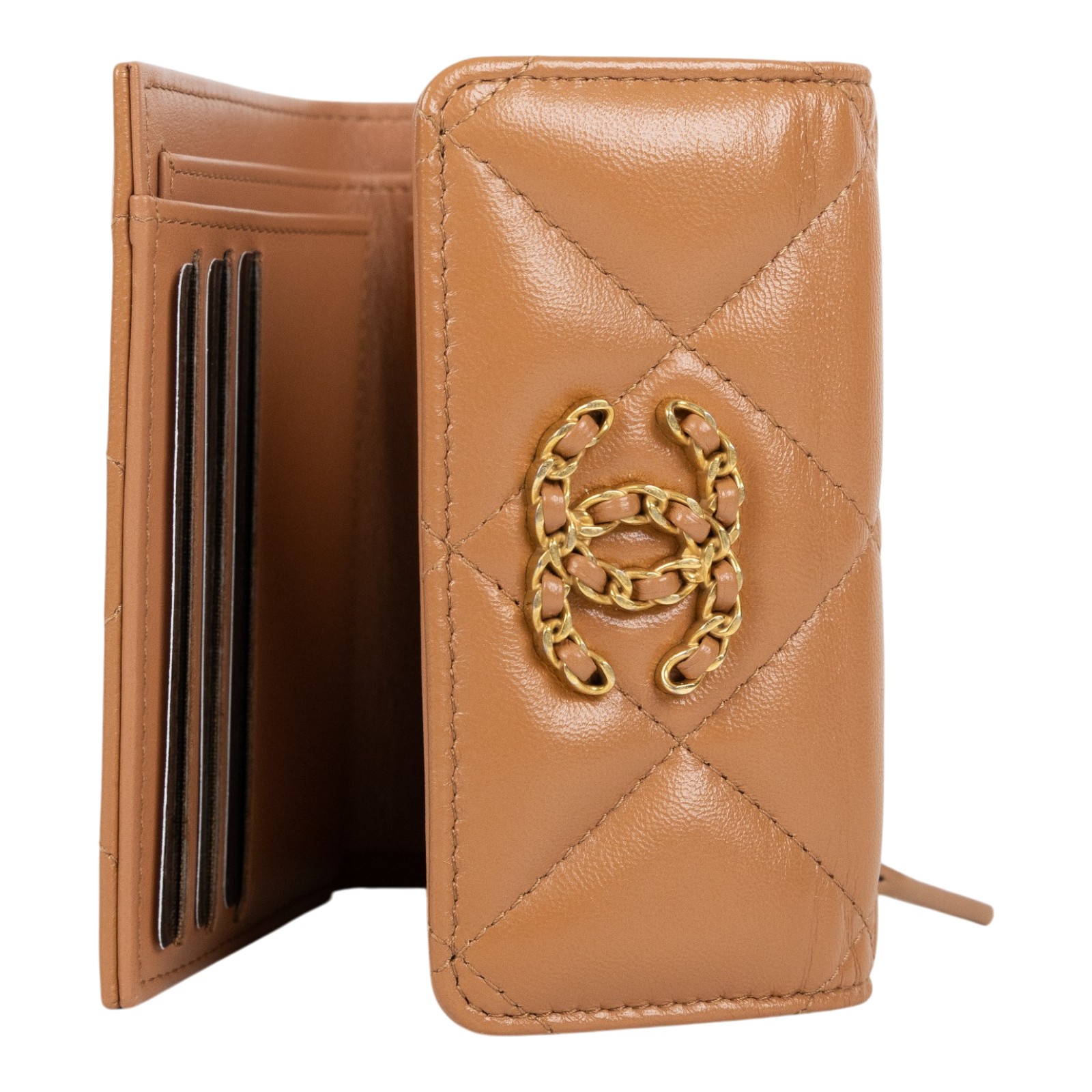 香奈兒 CHANEL 19 三折短夾 AP2809 晶片款 奶茶色19三折短夾 原廠盒子/防塵袋