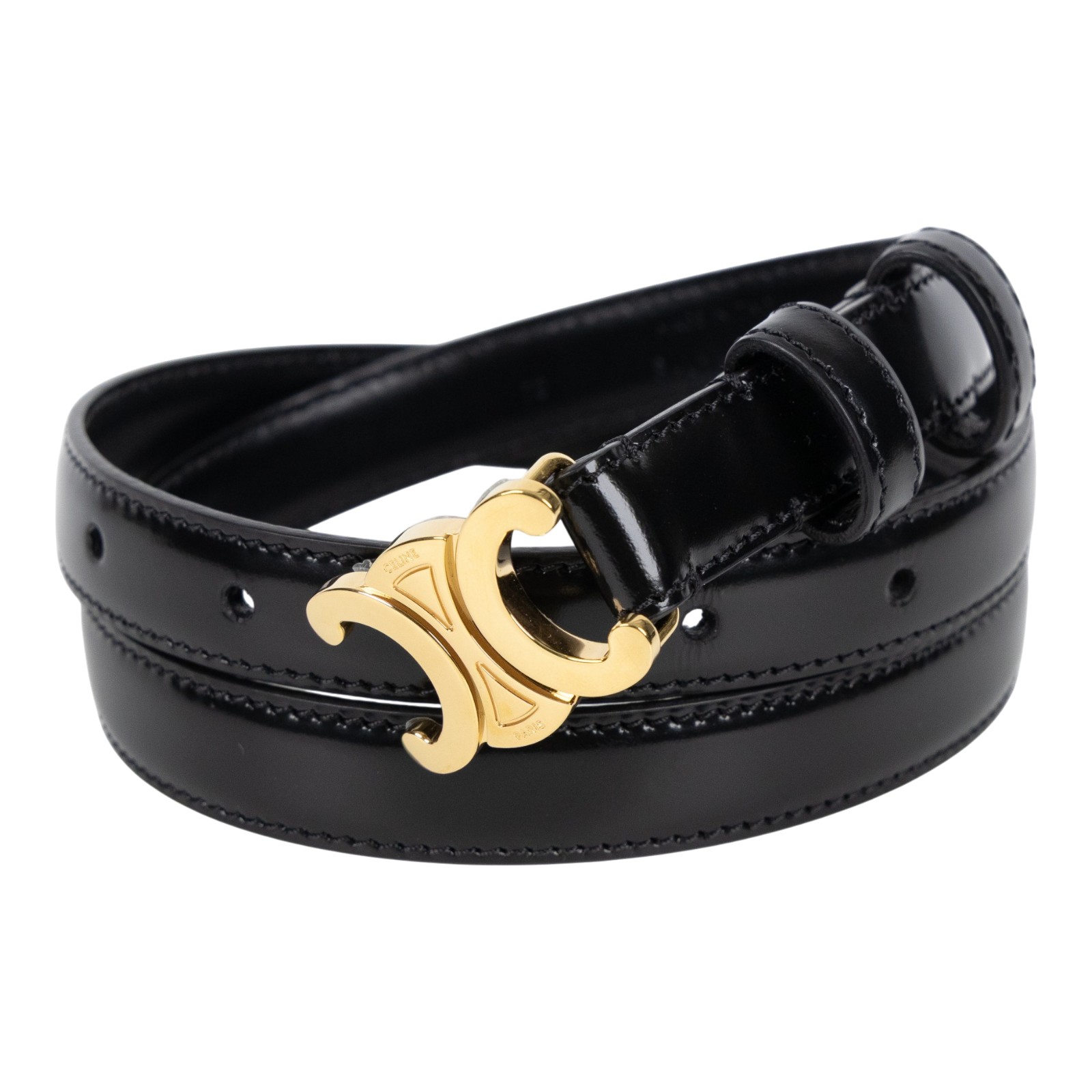 思琳 CELINE Trio,phe 18毫米 腰帶 45AX63A01_70 黑金凱旋皮帶 #70 原廠盒子/防塵袋