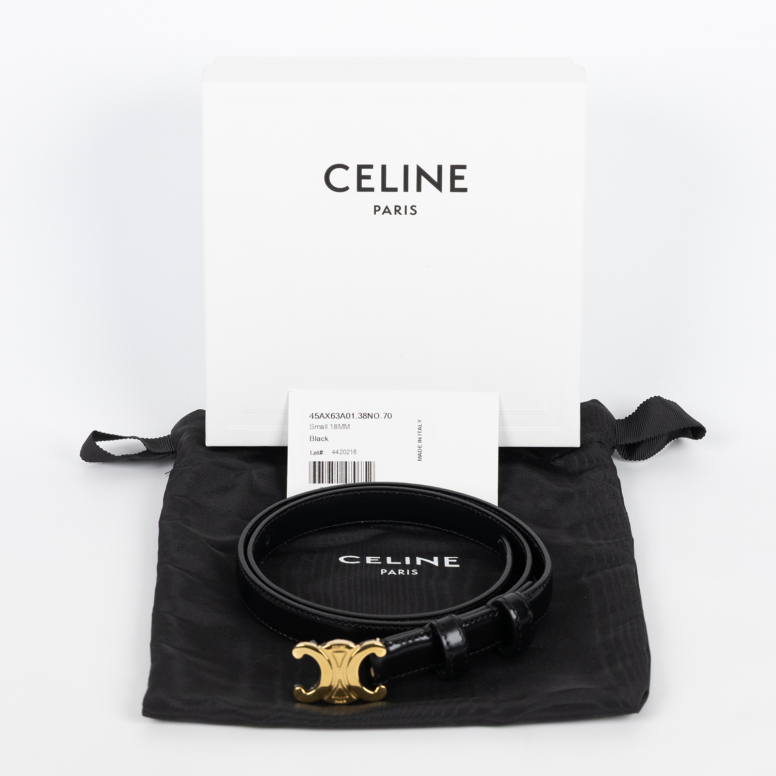 思琳 CELINE Trio,phe 18毫米 腰帶 45AX63A01_70 黑金凱旋皮帶 #70 原廠盒子/防塵袋