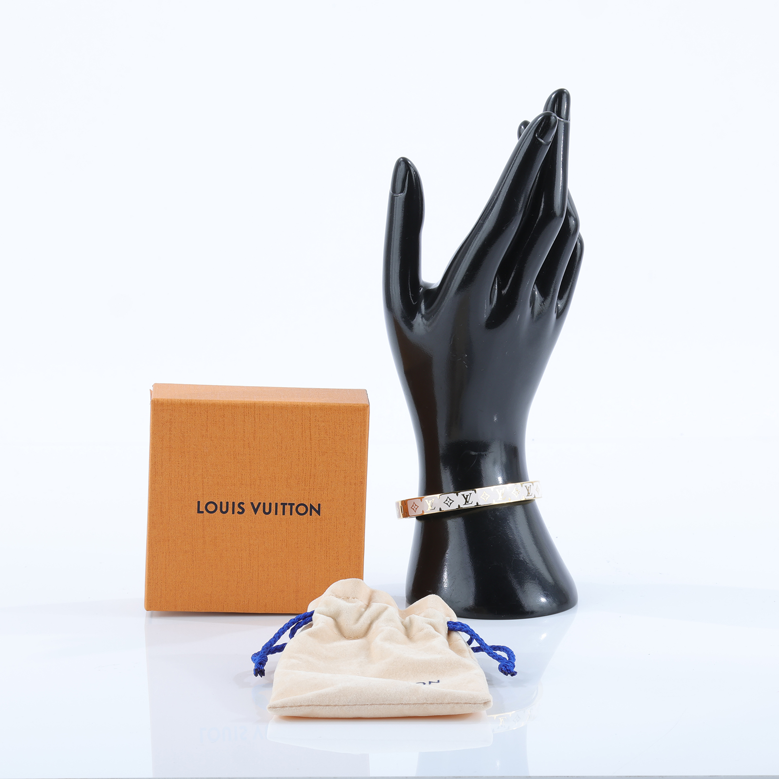路易威登 LOUIS VUITTON Nanogram Enamel 手鐲 M1674M 金白原花手鐲 #M 防塵袋/原廠盒子