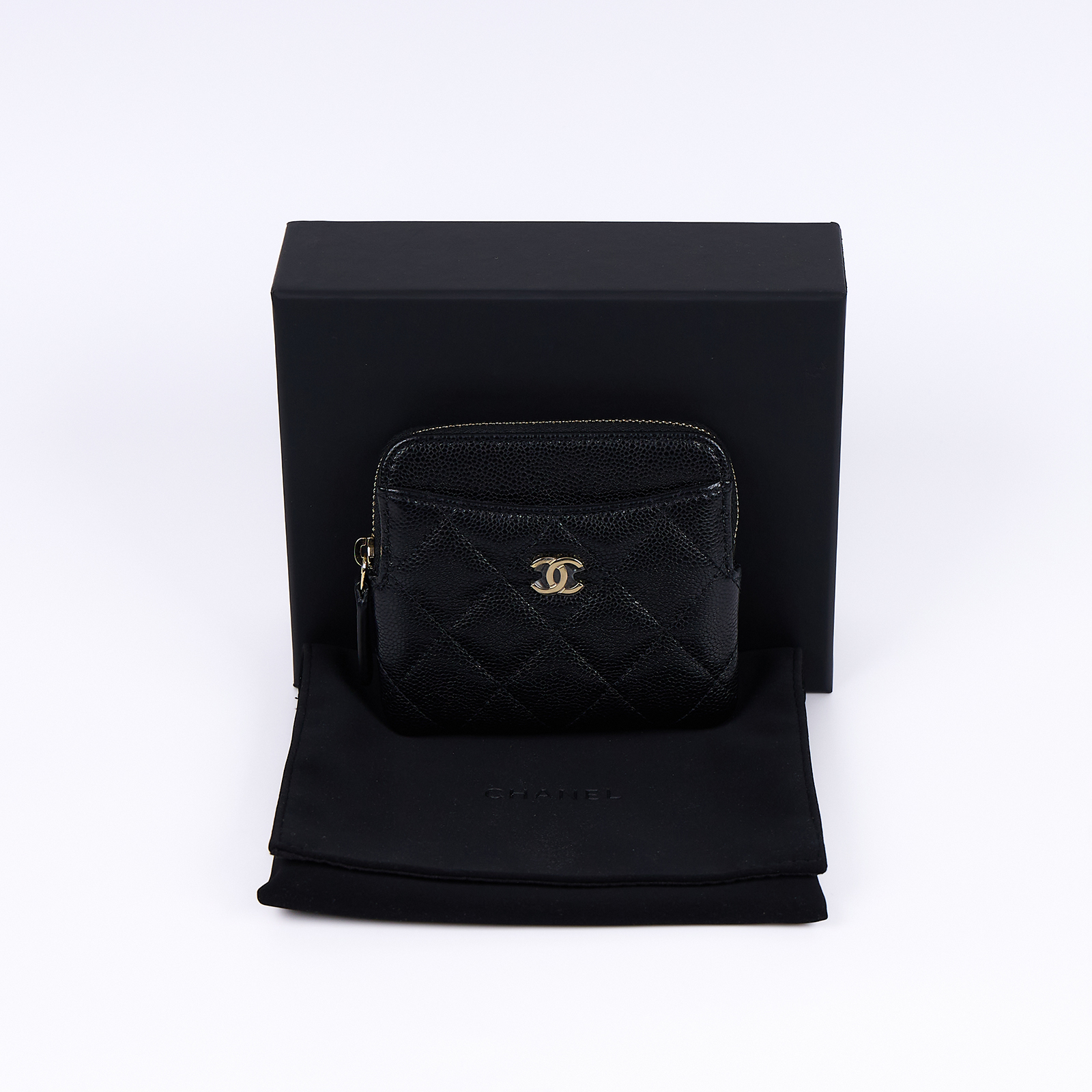 香奈兒 CHANEL CC Logo 5卡 拉鍊 零錢包 AP2061 晶片款 黑金荔枝吐司零錢包 原廠盒子/防塵袋