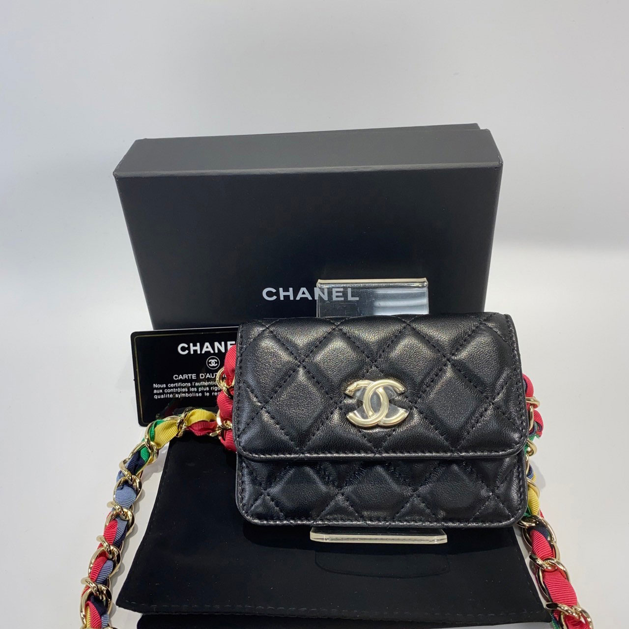 香奈兒 CHANEL 黑羊皮 淡金釦 彩布穿鍊 胸腰包  30開黑羊繽紛腰鍊包 原廠盒子/防塵袋/保證卡