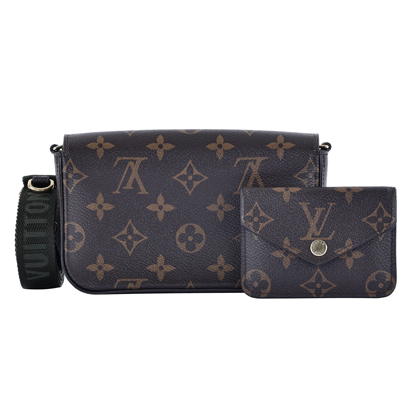 路易威登 LOUIS VUITTON Félicie Strap & Go 卡其綠 經典帆布 牛皮飾邊 提花 手拿 肩背包 M80091 晶片款  原廠盒子/防塵袋/背帶