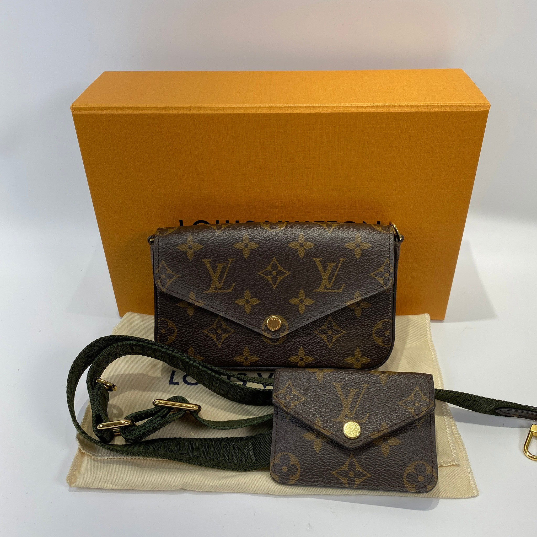 路易威登 LOUIS VUITTON Félicie Strap & Go 卡其綠 經典帆布 牛皮飾邊 提花 手拿 肩背包 M80091 晶片款  原廠盒子/防塵袋/背帶