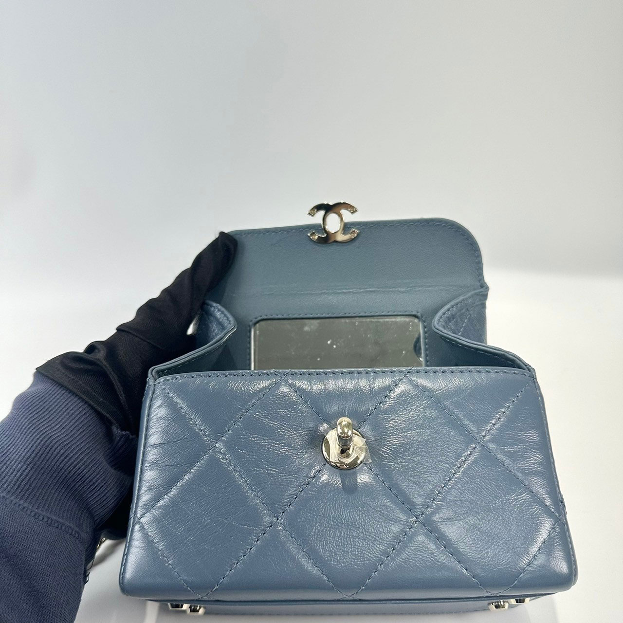 香奈兒 CHANEL 迷你 醫生包 AS4469 晶片款 灰藍MINI BOX 原廠盒子/防塵袋/台灣購買證明影本