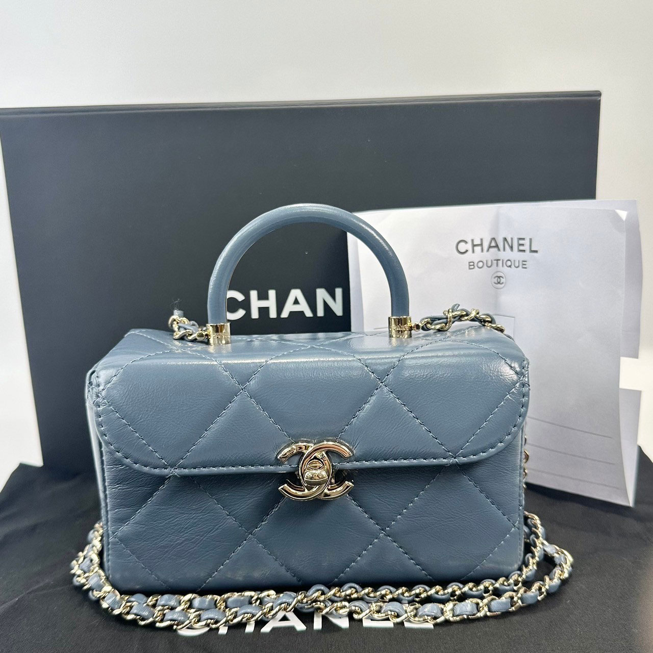 香奈兒 CHANEL 迷你 醫生包 AS4469 晶片款 灰藍MINI BOX 原廠盒子/防塵袋/台灣購買證明影本