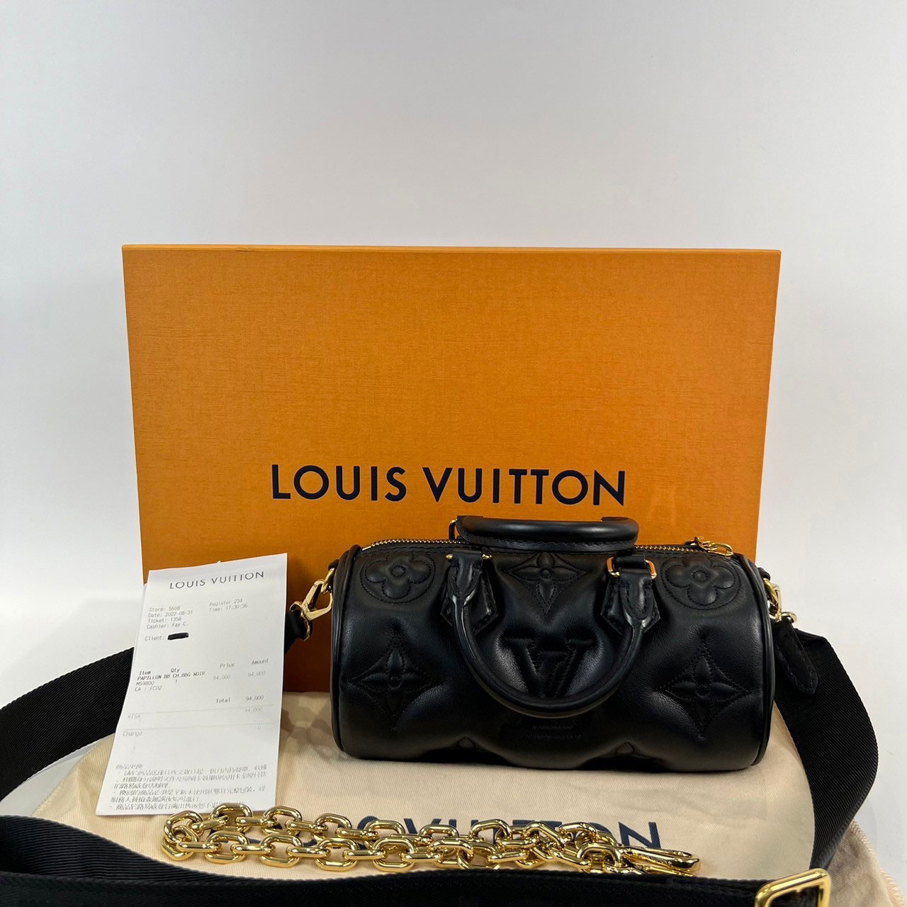 路易威登 LOUIS VUITTON Papillon BB 黑色 原花 圓筒手提包 M59800 晶片款 黑Papillon BB 原廠盒子/防塵袋/購買證明