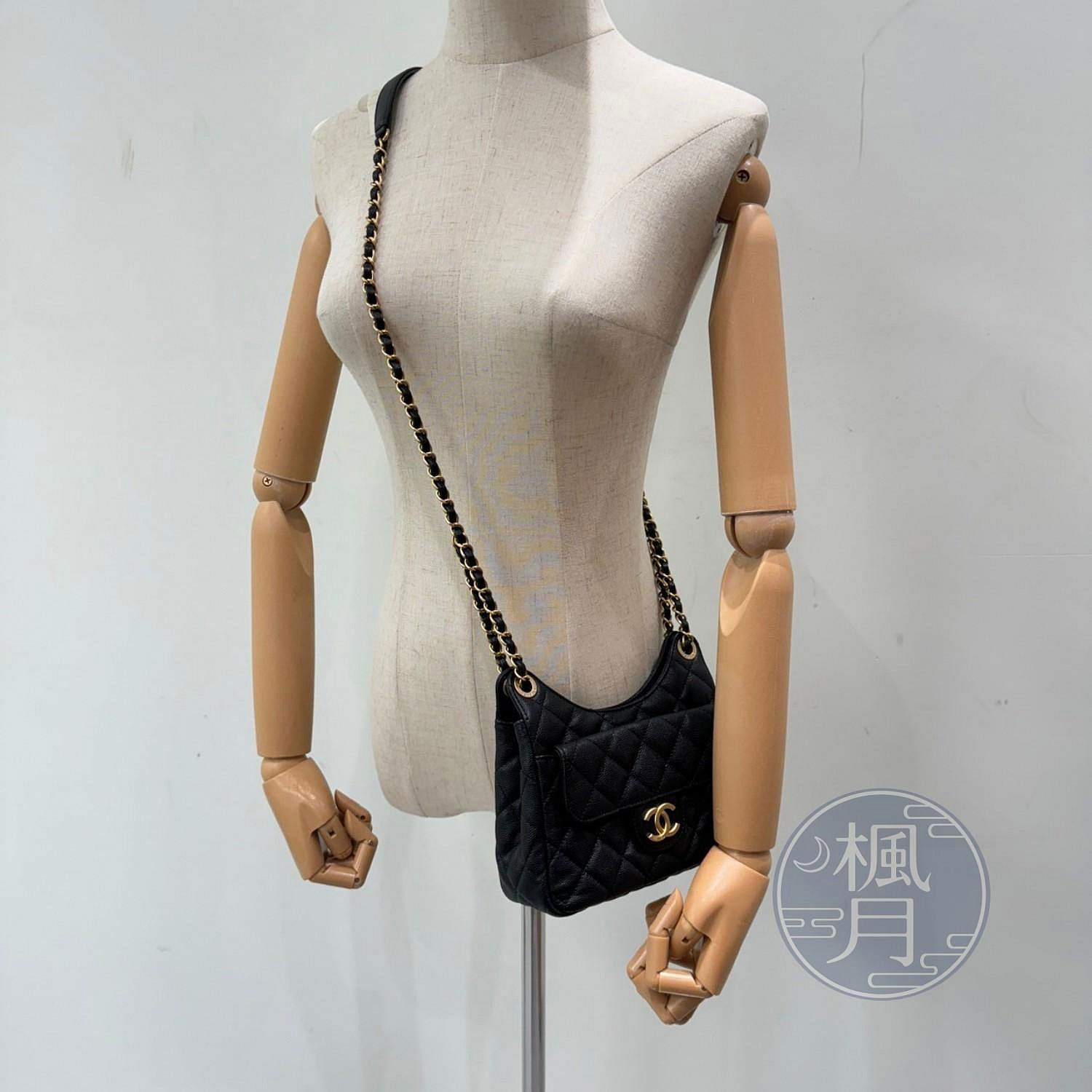 香奈兒 CHANEL 流浪包 Hobo Bag CC LOGO 亮面牛皮 斜背包 AS3710 晶片款 黑金荔枝HOBO天貓精靈