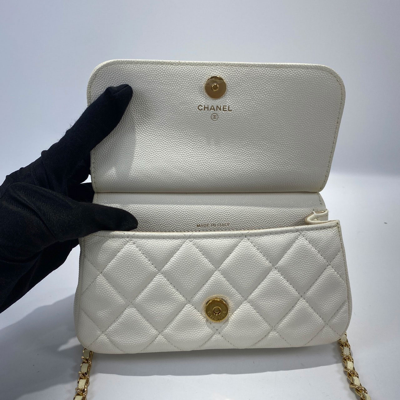 香奈兒 CHANEL Clutch with Chain 鍊帶 手拿包 AP3008 晶片款 白金荔枝口蓋鍊包