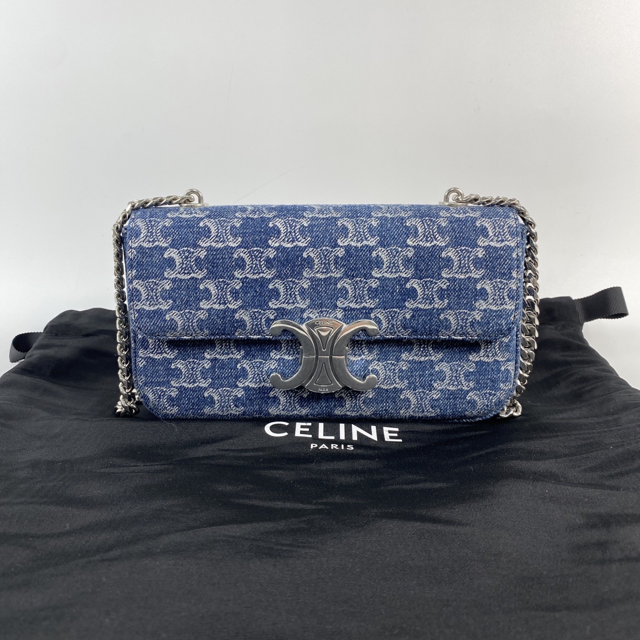 思琳 CELINE Triomphe 牛仔布 Claude 飾鍊 肩揹袋  牛仔凱旋銀釦肩背包 防塵袋