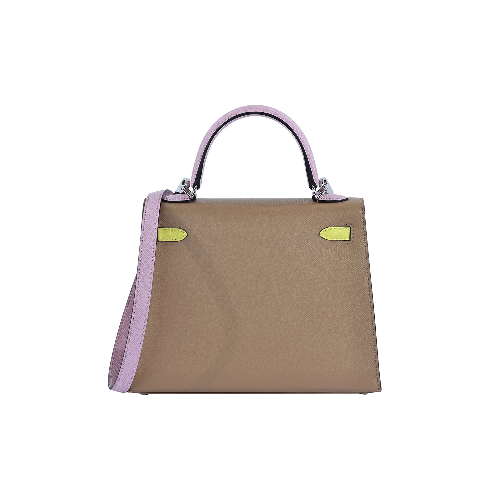 愛馬仕 Hermès Kelly Bag 凱莉包 25 KL25 H082734CKAJ/U刻 茶色拼萊姆黃錦葵紫KELLY25 原廠盒子/防塵袋/鎖組/背帶