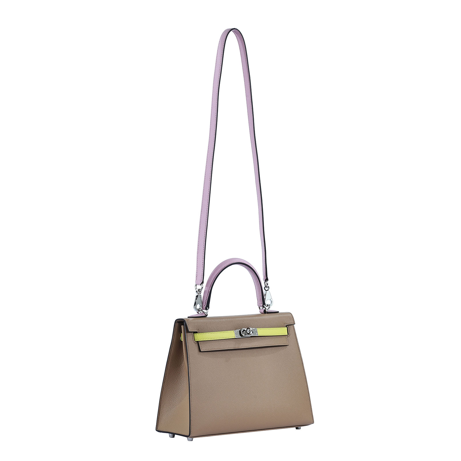 愛馬仕 Hermès Kelly Bag 凱莉包 25 KL25 H082734CKAJ/U刻 茶色拼萊姆黃錦葵紫KELLY25 原廠盒子/防塵袋/鎖組/背帶