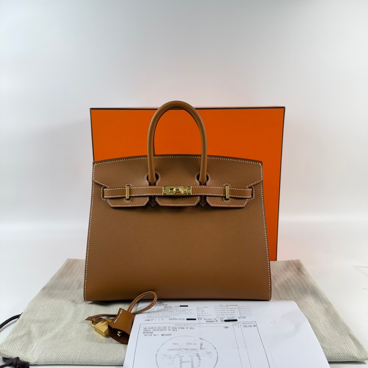 愛馬仕 Hermès Birkin Bag 柏金包 25 BK25 W刻 　金棕金BIRKIN25 EPSOM 外縫 原廠盒子/防塵袋/購買證明影本