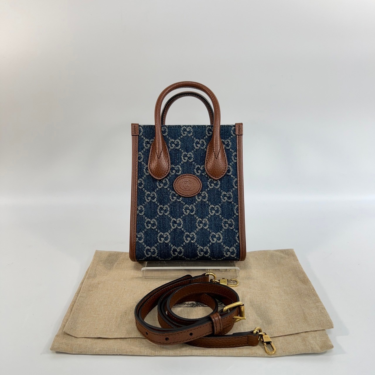 古馳 GUCCI Interlocking G 迷你 手提袋 671623 藍牛仔INTERLOCKING TOTE 防塵袋/背帶