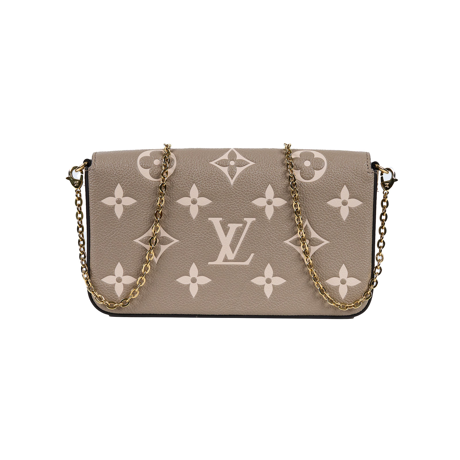 路易威登 LOUIS VUITTON Félicie Pochette 粒面壓花牛皮 翻蓋 斜背 鍊帶 肩背包 灰色 奶油色 M82610 晶片款  防塵袋/背帶