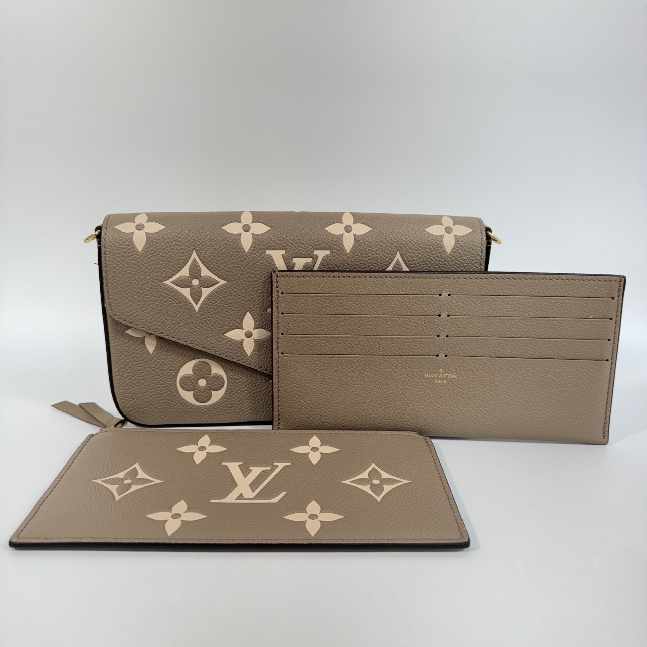 路易威登 LOUIS VUITTON Félicie Pochette 粒面壓花牛皮 翻蓋 斜背 鍊帶 肩背包 灰色 奶油色 M82610 晶片款  防塵袋/背帶