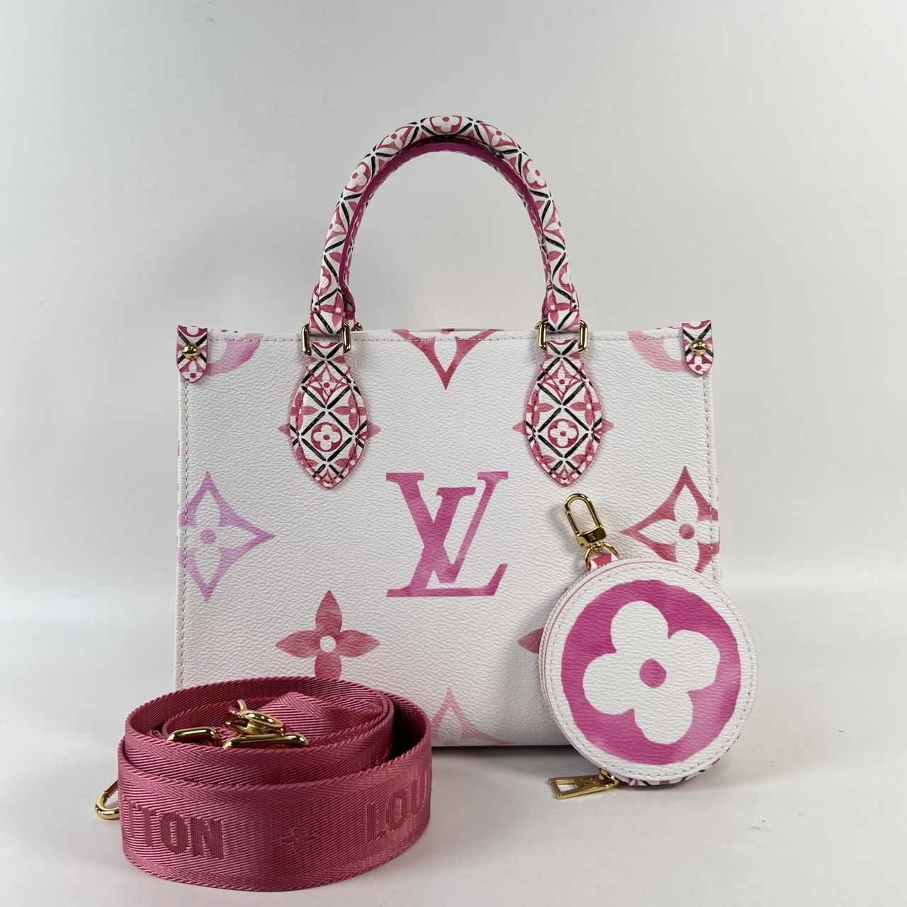 路易威登 LOUIS VUITTON OnTheGo PM 花卉 肩背 手提包 M22976 晶片款 粉白原花ONTHEGO PM 無附屬品