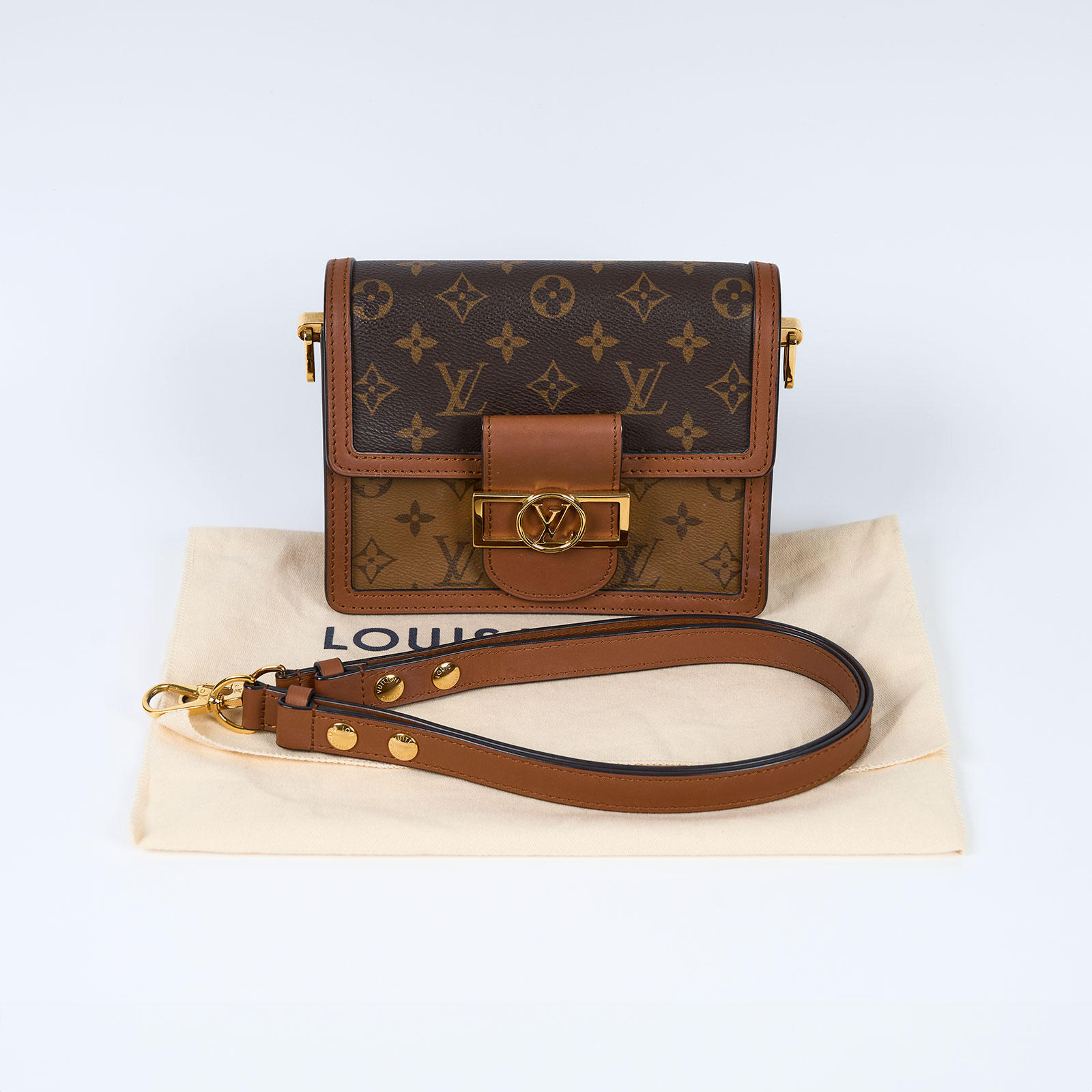 路易威登 LOUIS VUITTON Mini Dauphine 達芙妮 Reverse皮革飾邊 帆布肩背 斜背包 M45959 　達芙妮小號 防塵袋