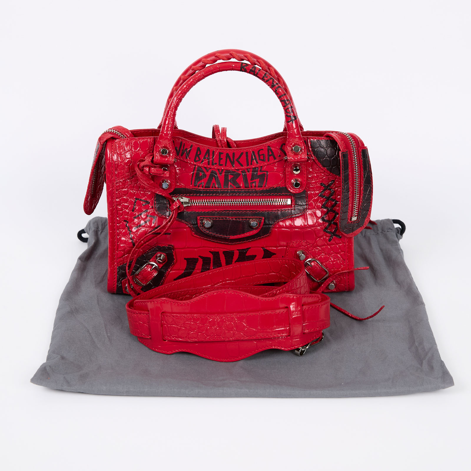 巴黎世家 BALENCIAGA Mini City 機車包 300295 紅鱷魚紋塗鴉MINI CITY 防塵袋