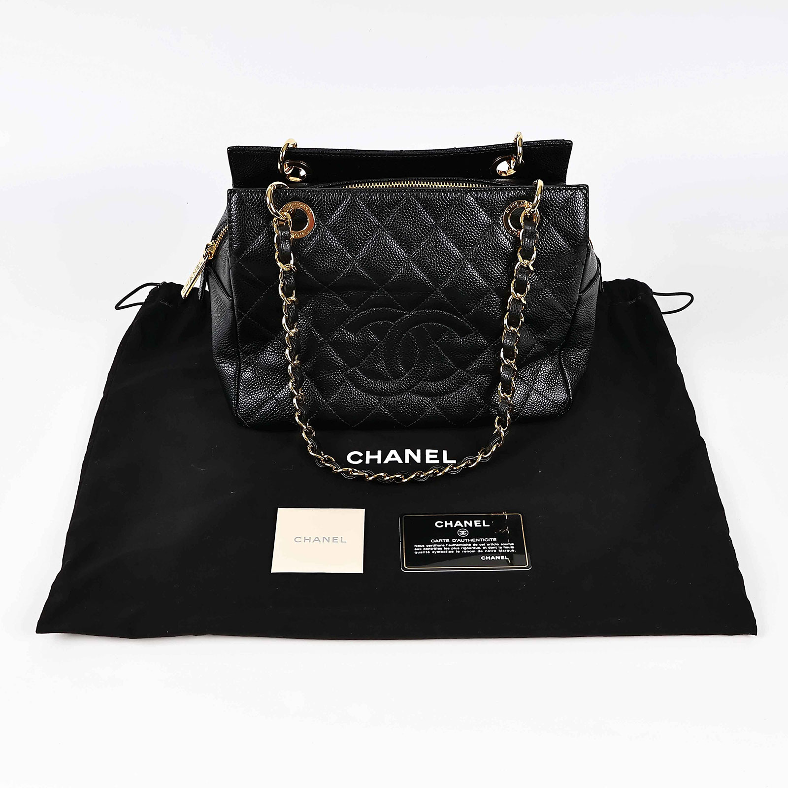 香奈兒 CHANEL PTT Petit Timeless Tote CC Logo 菱格 荔枝紋 金鍊 肩背 托特包 A18004 15開黑金豆腐包 防塵袋/保證卡