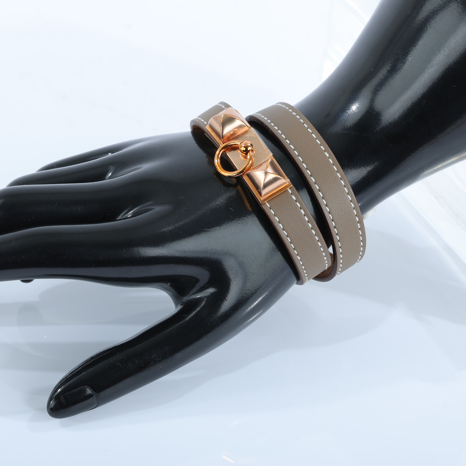 愛馬仕 Hermès Rivale Double Tour 手環  U刻 U刻 大象灰/玫金 RIVALE雙圈皮手環 原廠盒子/防塵袋