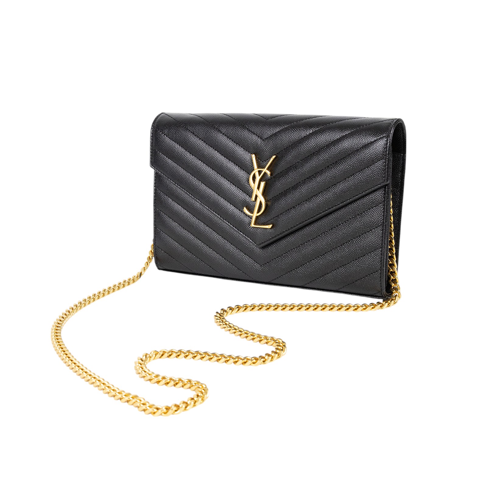 聖羅蘭 YSL SAINT LAURENT Cassandre 經典粒面皮革 鏈條 錢包 377828BOW01 黑金魚子醬WOC 原廠盒子/防塵袋