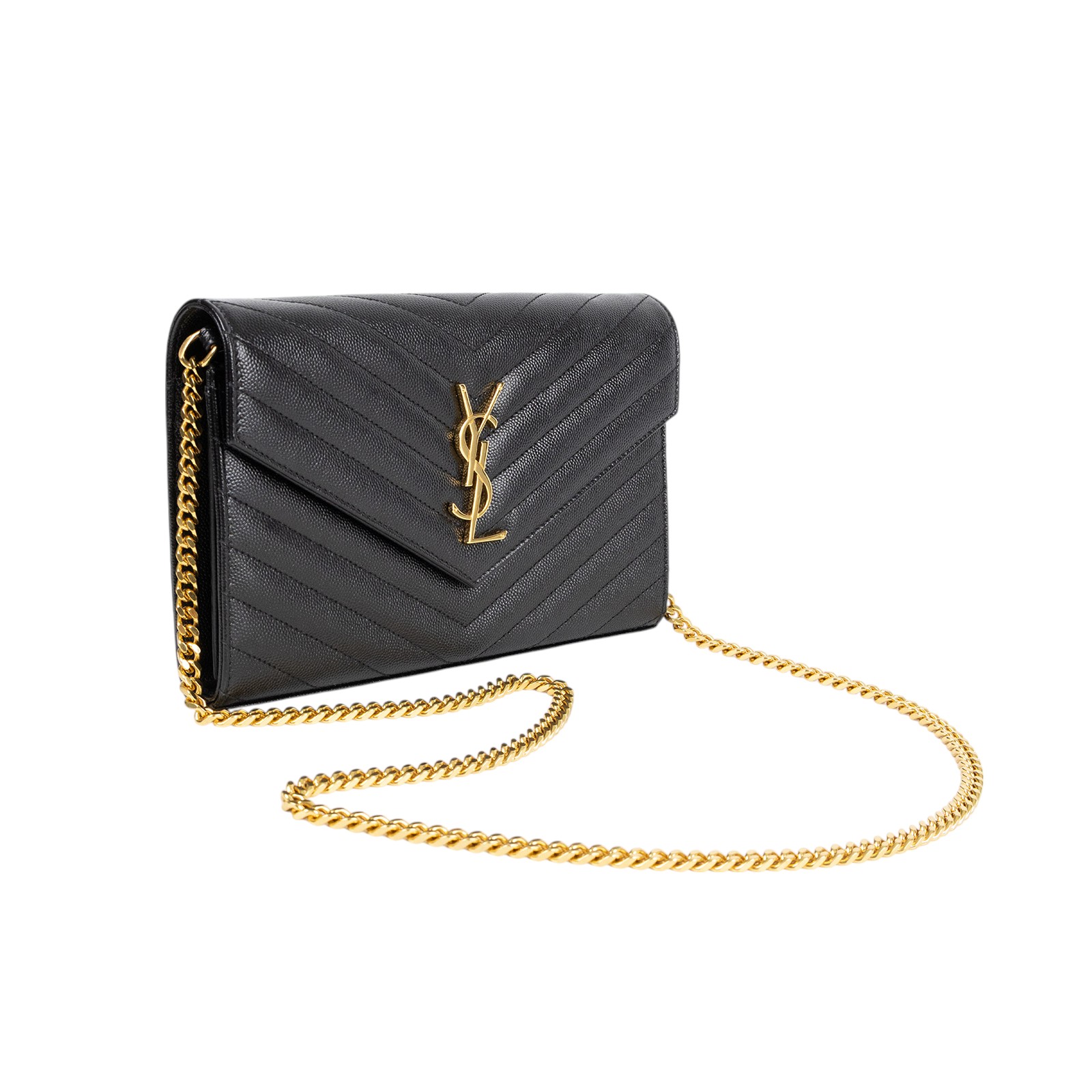 聖羅蘭 YSL SAINT LAURENT Cassandre 經典粒面皮革 鏈條 錢包 377828BOW01 黑金魚子醬WOC 原廠盒子/防塵袋