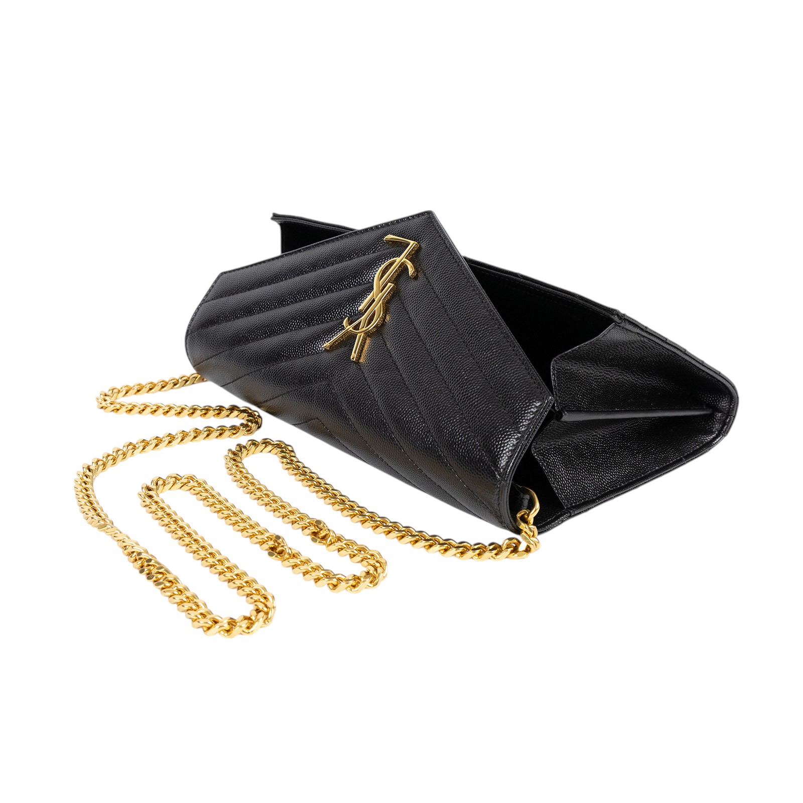 聖羅蘭 YSL SAINT LAURENT Cassandre 經典粒面皮革 鏈條 錢包 377828BOW01 黑金魚子醬WOC 原廠盒子/防塵袋