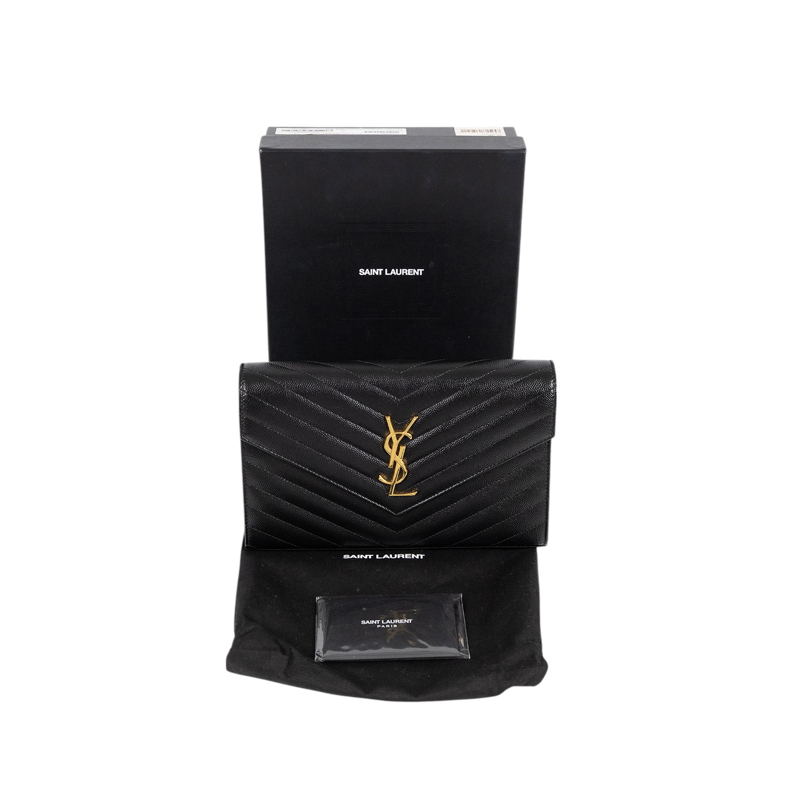 聖羅蘭 YSL SAINT LAURENT Cassandre 經典粒面皮革 鏈條 錢包 377828BOW01 黑金魚子醬WOC 原廠盒子/防塵袋