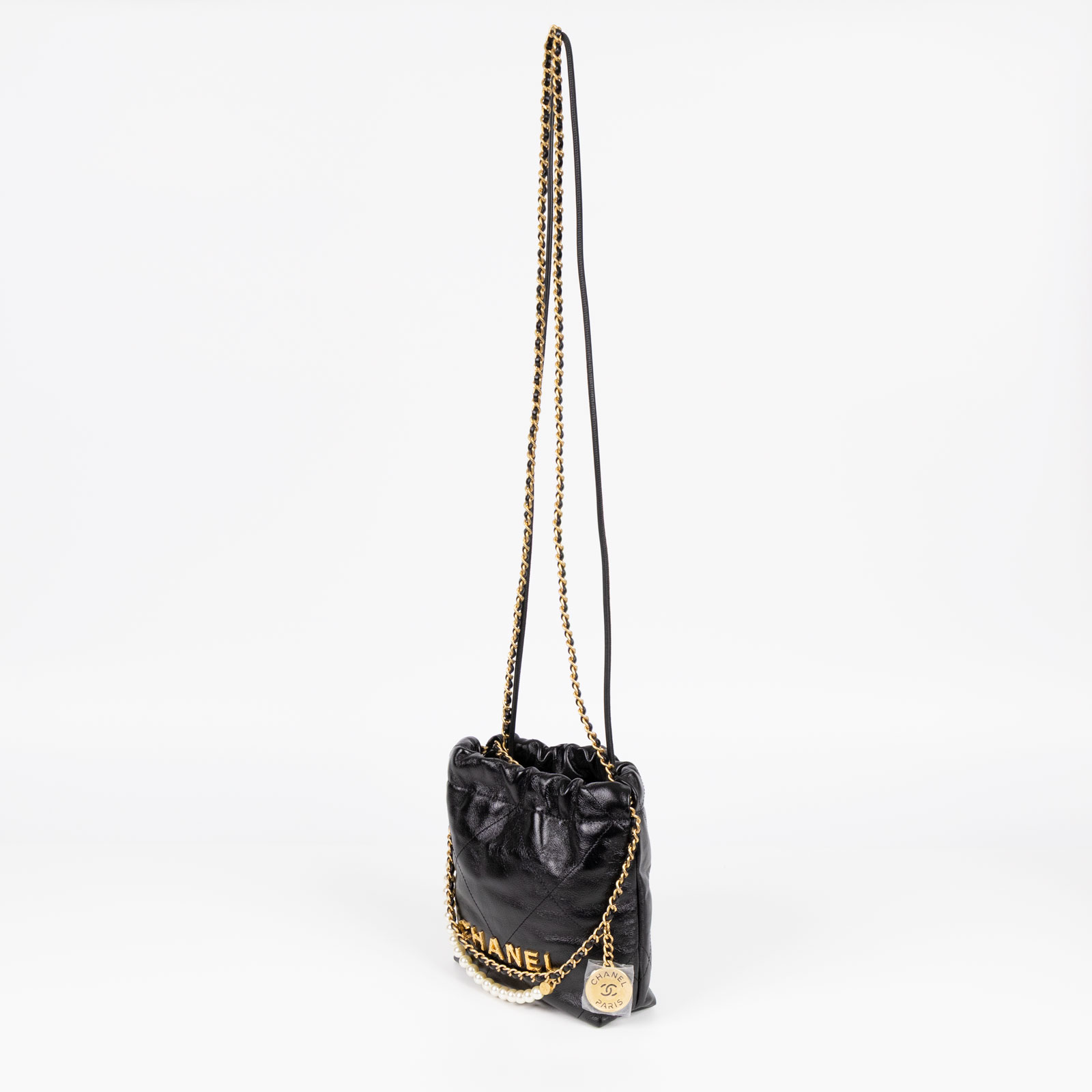 香奈兒 CHANEL 22 Mini 迷你 肩背 斜背包  晶片款 黑珍珠鍊22 MINI 原廠盒子/防塵袋