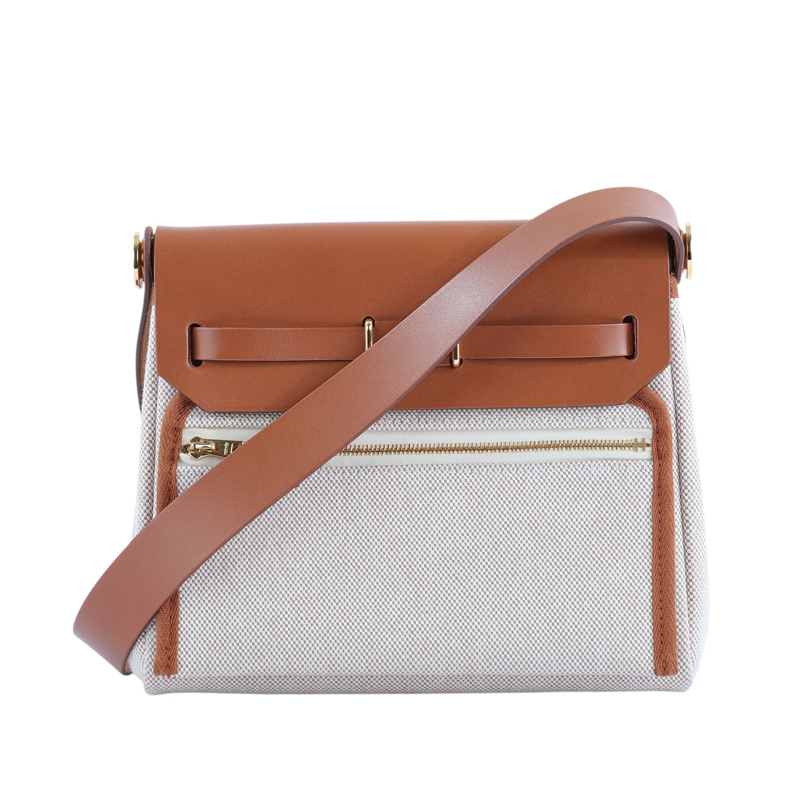 愛馬仕 Hermès Herbag Zip 20 HER20 H085414CC/W刻 ☆金棕拼米白帆布HERBAG20 原廠盒子/防塵袋/購買證明影本