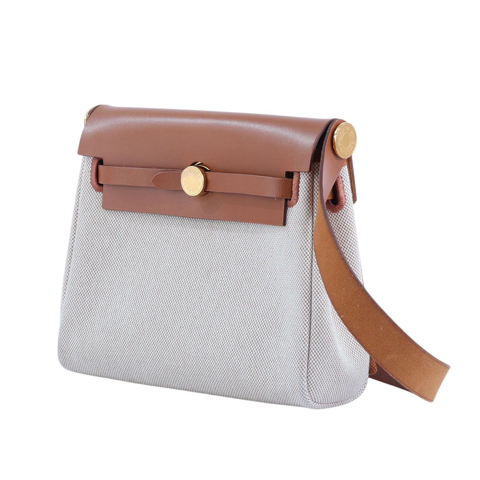 愛馬仕 Hermès Herbag Zip 20 HER20 H085414CC/W刻 ☆金棕拼米白帆布HERBAG20 原廠盒子/防塵袋/購買證明影本