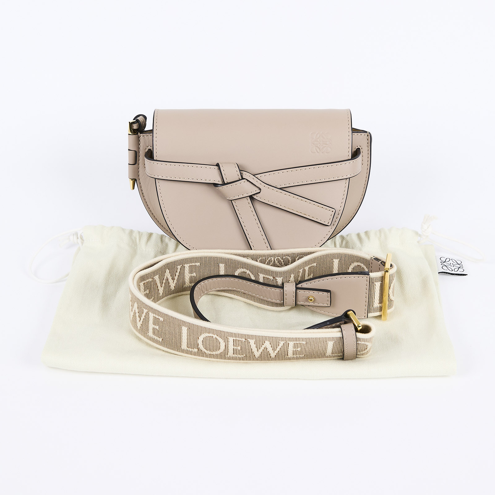 羅意威 LOEWE Mini Gate Dual bag 迷你 小牛皮 肩背包 帆布背帶  奶茶MINI GATE帆布背帶 防塵袋