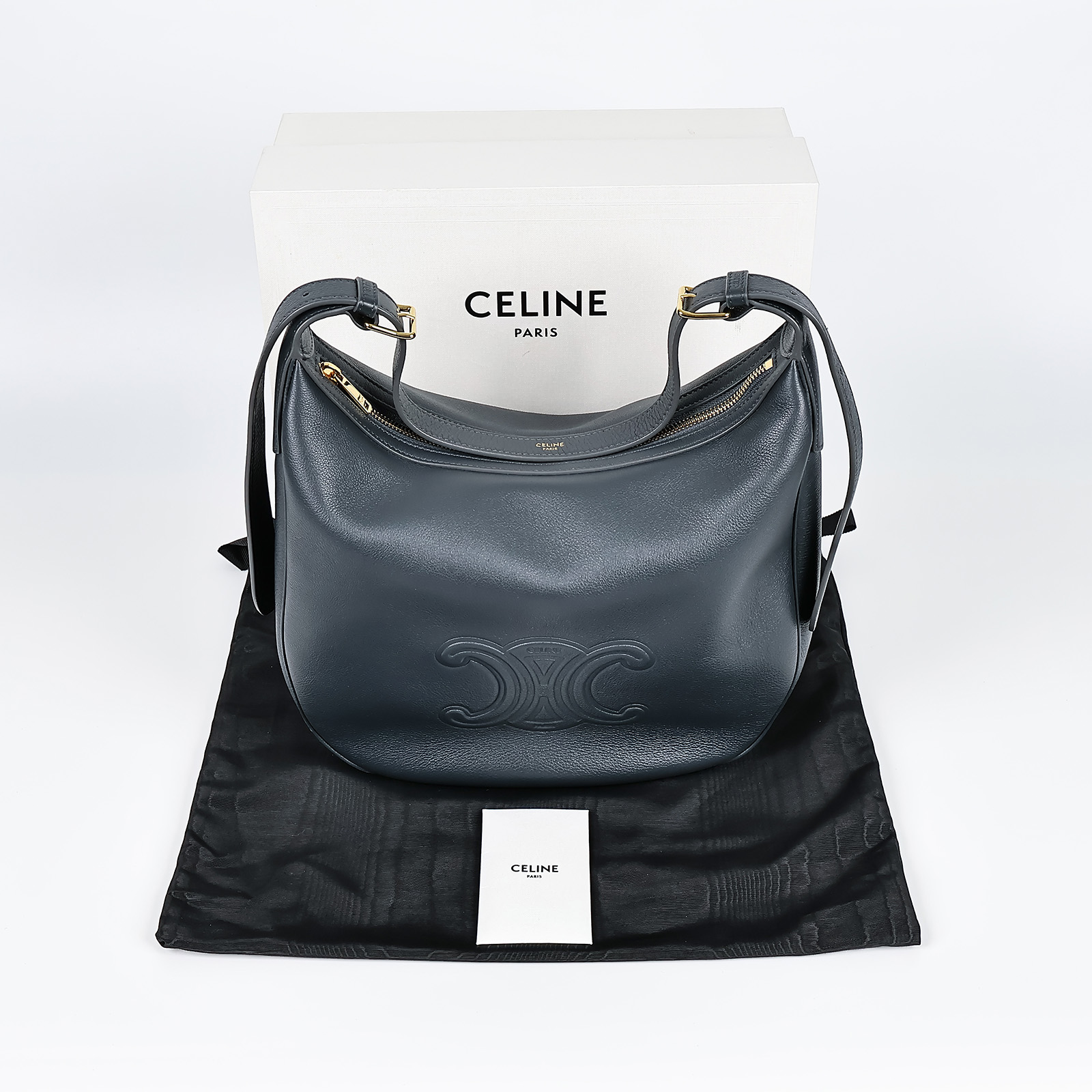 思琳 CELINE Heloise 柔軟粒面牛皮革 手袋  灰藍HOBO Heloise Cuir 原廠盒子/防塵袋