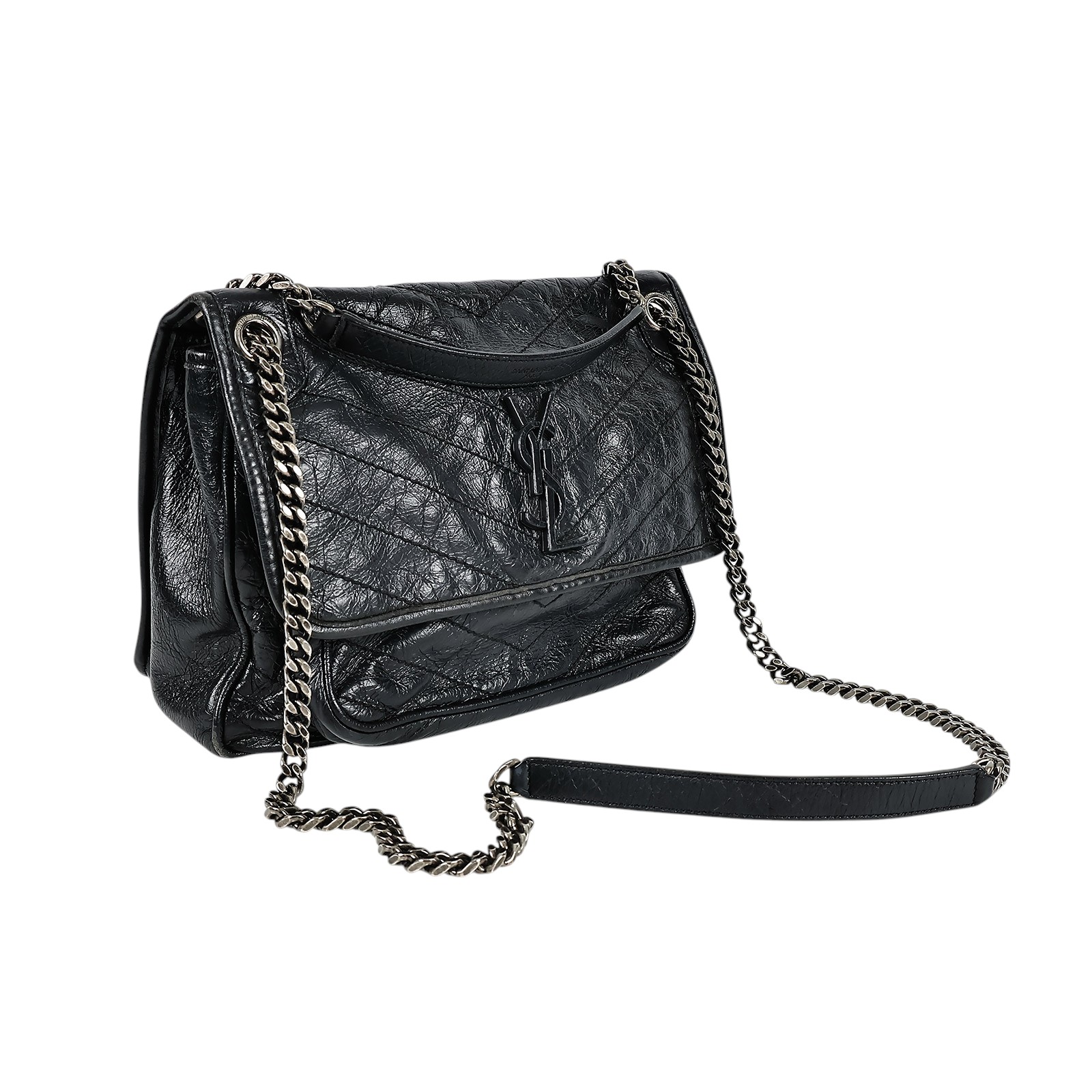 聖羅蘭 YSL SAINT LAURENT NIKI  復古皮革 山型紋 翻蓋 肩背包 中號 4988940EN04 黑NIKI MEDIUM 無附屬品