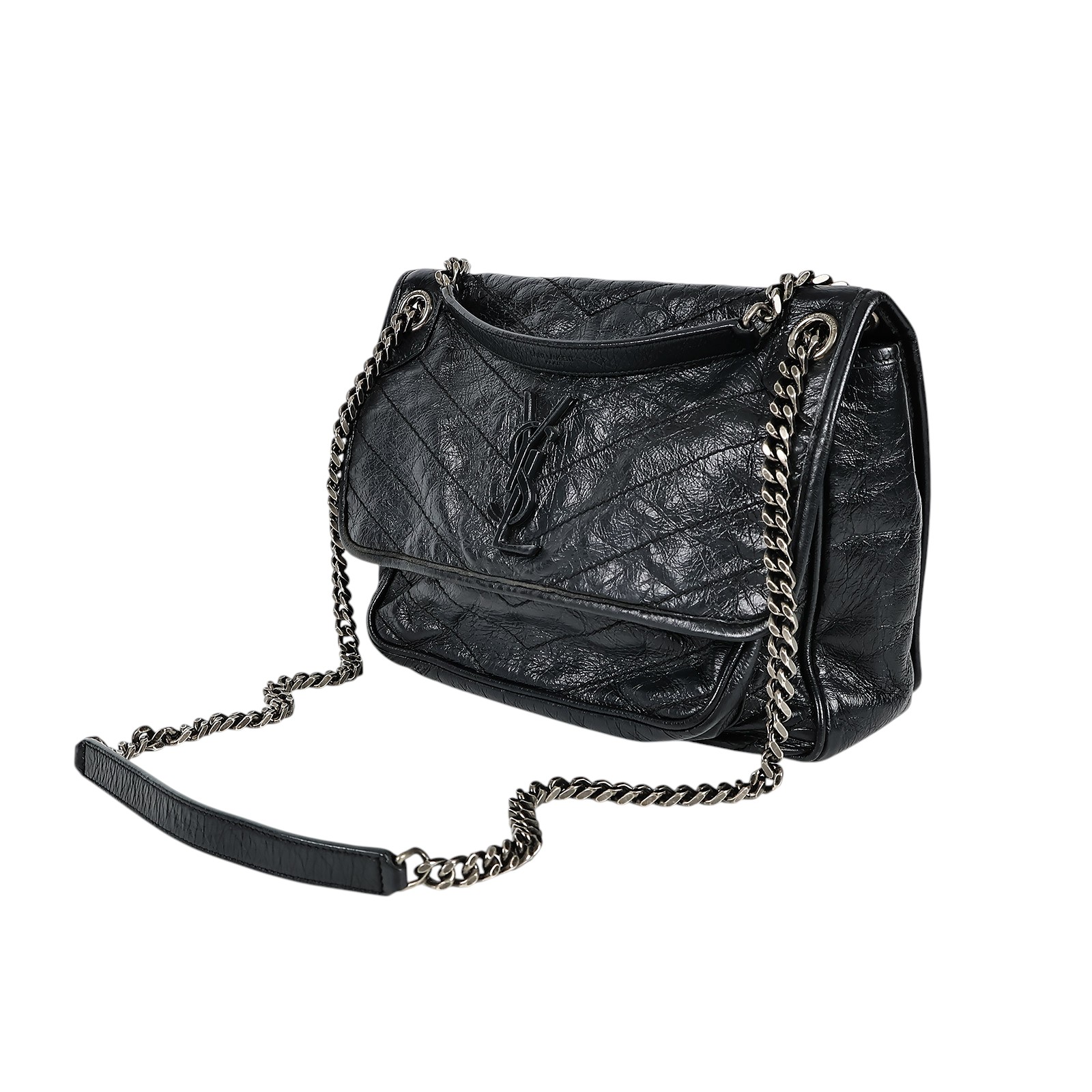 聖羅蘭 YSL SAINT LAURENT NIKI  復古皮革 山型紋 翻蓋 肩背包 中號 4988940EN04 黑NIKI MEDIUM 無附屬品