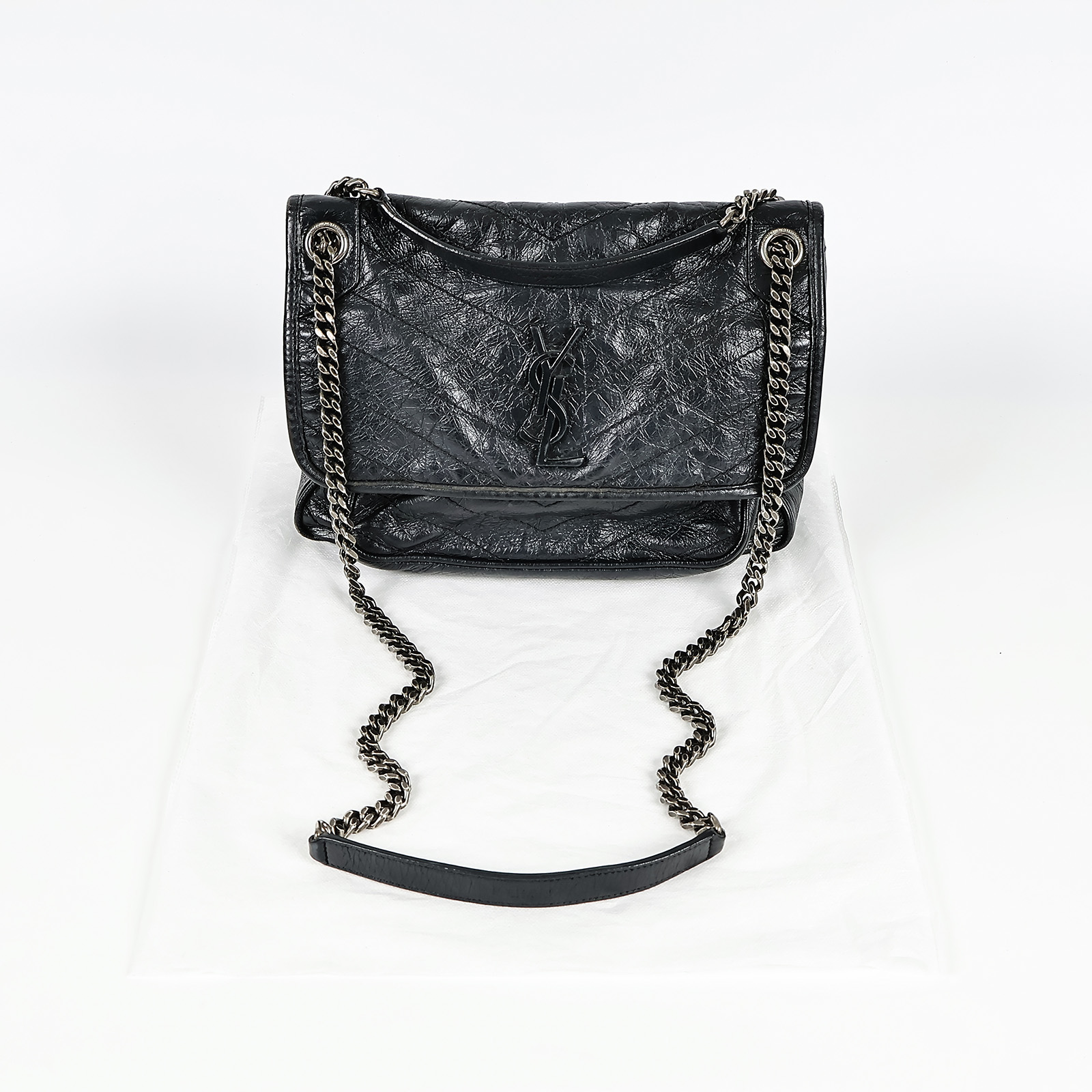 聖羅蘭 YSL SAINT LAURENT NIKI  復古皮革 山型紋 翻蓋 肩背包 中號 4988940EN04 黑NIKI MEDIUM 無附屬品