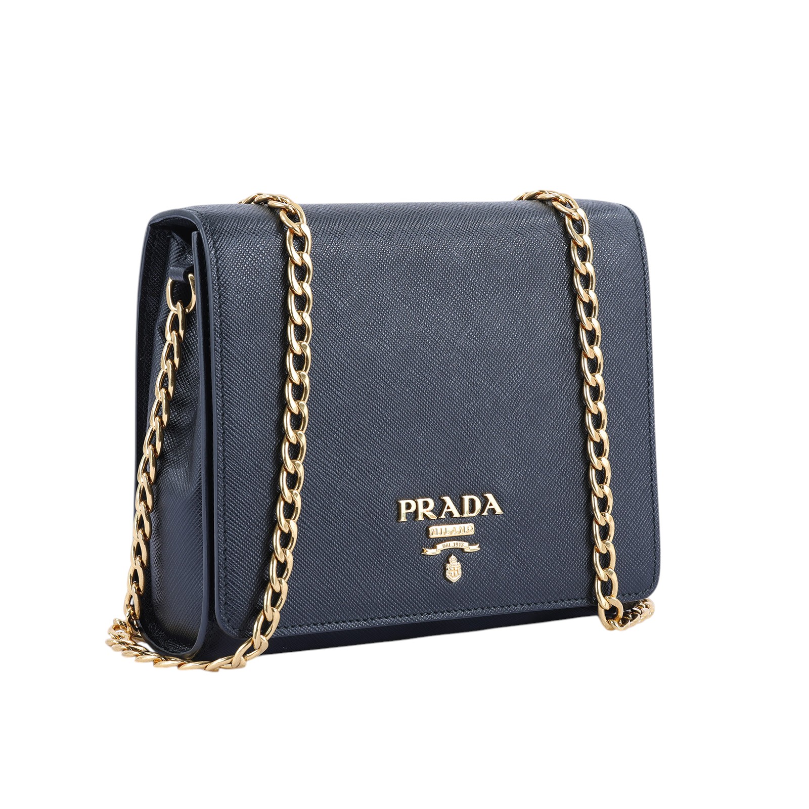 普拉達 PRADA Saffiano皮革 單肩包 1BH007_NZV 黑掀蓋包 防塵袋/保證卡