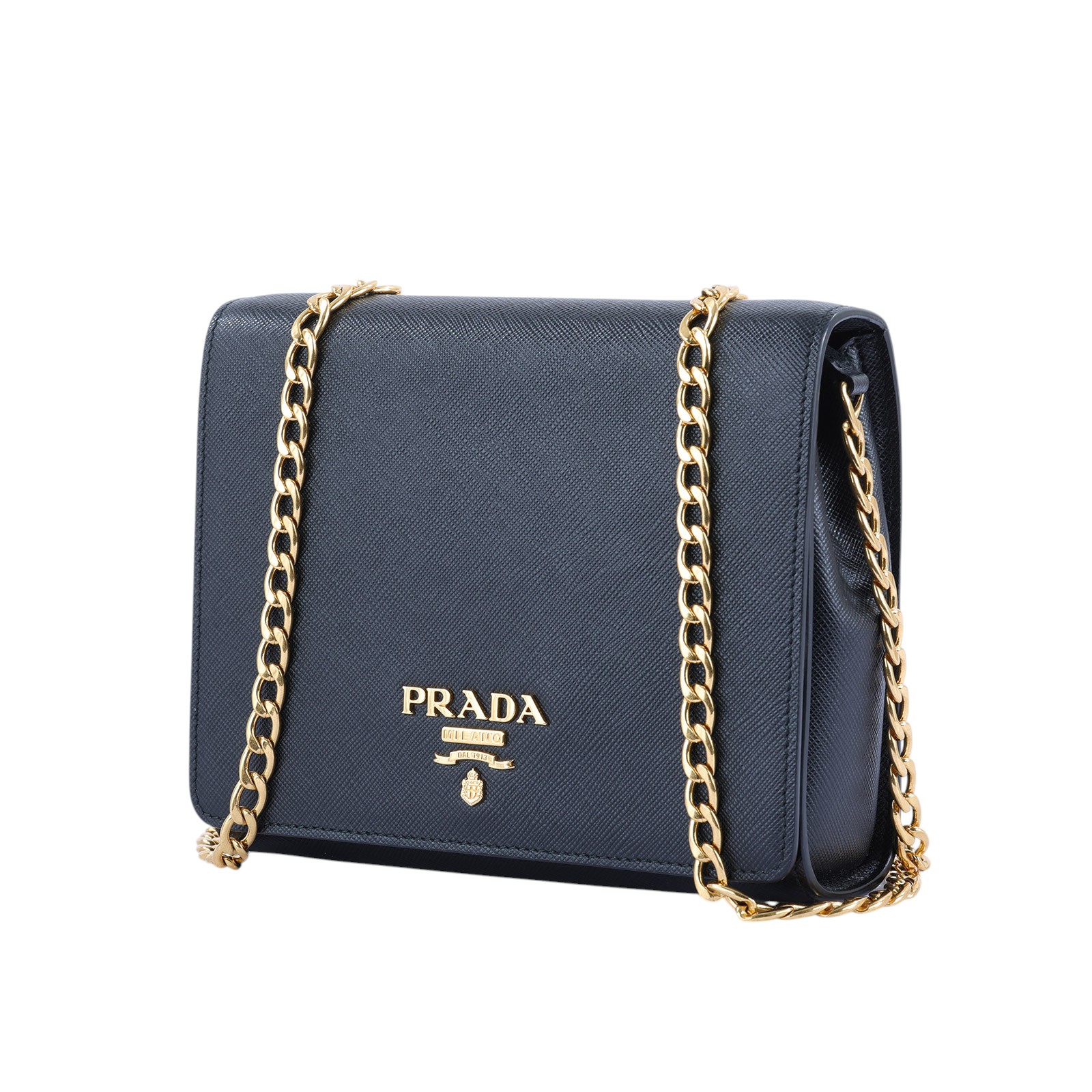 普拉達 PRADA Saffiano皮革 單肩包 1BH007_NZV 黑掀蓋包 防塵袋/保證卡