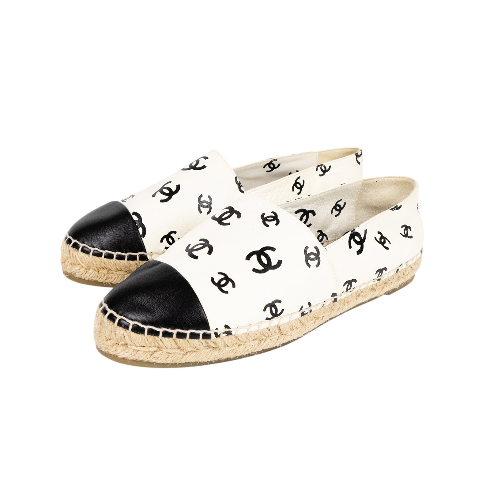 香奈兒 CHANEL Espadrilles 漁夫鞋 G38628_41 白底黑LOGO草編鞋 #41 無附屬品
