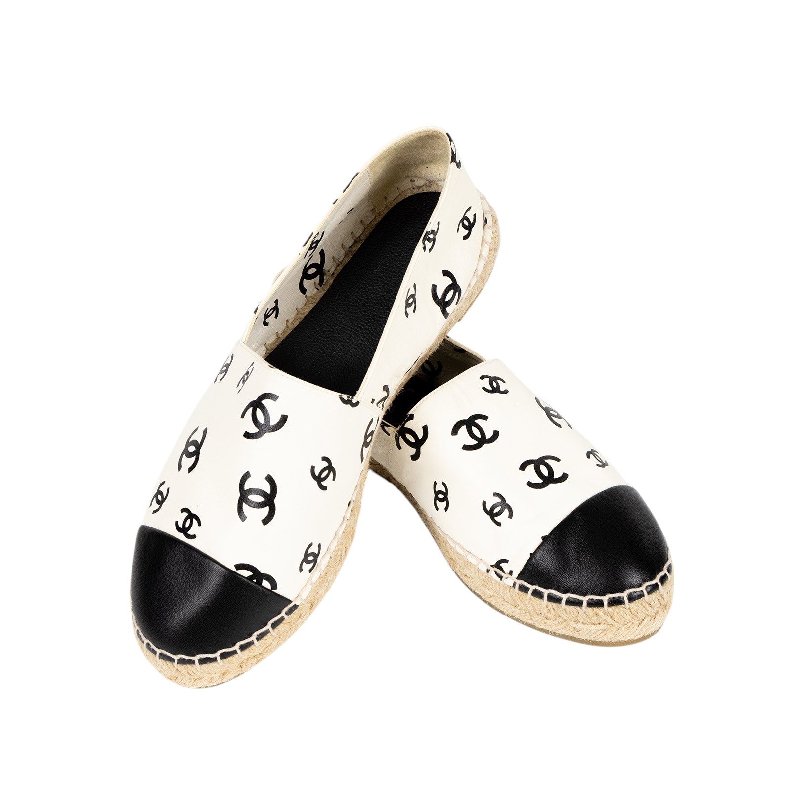 香奈兒 CHANEL Espadrilles 漁夫鞋 G38628_41 白底黑LOGO草編鞋 #41 無附屬品
