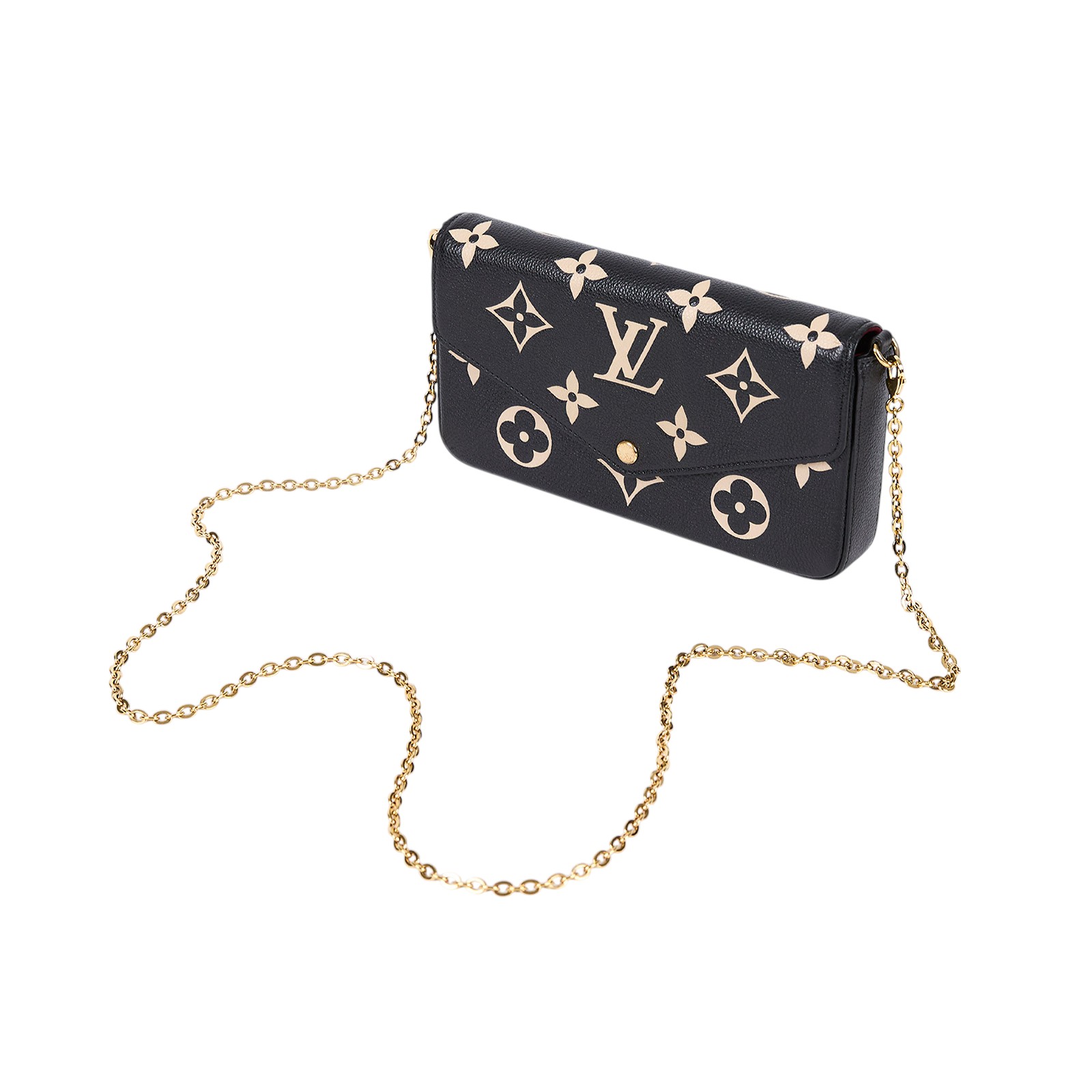路易威登 LOUIS VUITTON Félicie Pochette 粒面壓花牛皮 翻蓋 斜背 鍊帶 肩背包 黑色 米白色 M82479 晶片款  原廠盒子/防塵袋