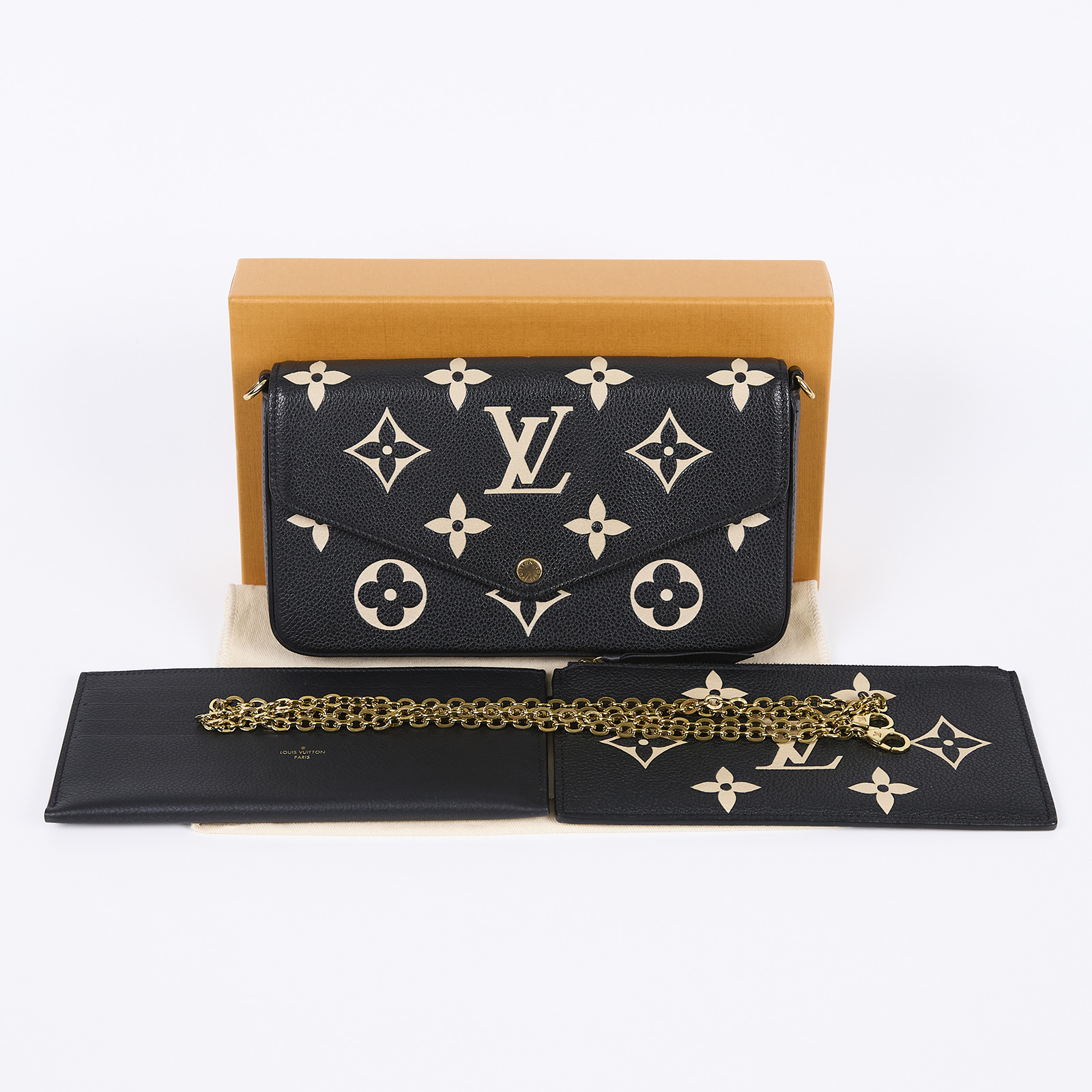 路易威登 LOUIS VUITTON Félicie Pochette 粒面壓花牛皮 翻蓋 斜背 鍊帶 肩背包 黑色 米白色 M82479 晶片款  原廠盒子/防塵袋