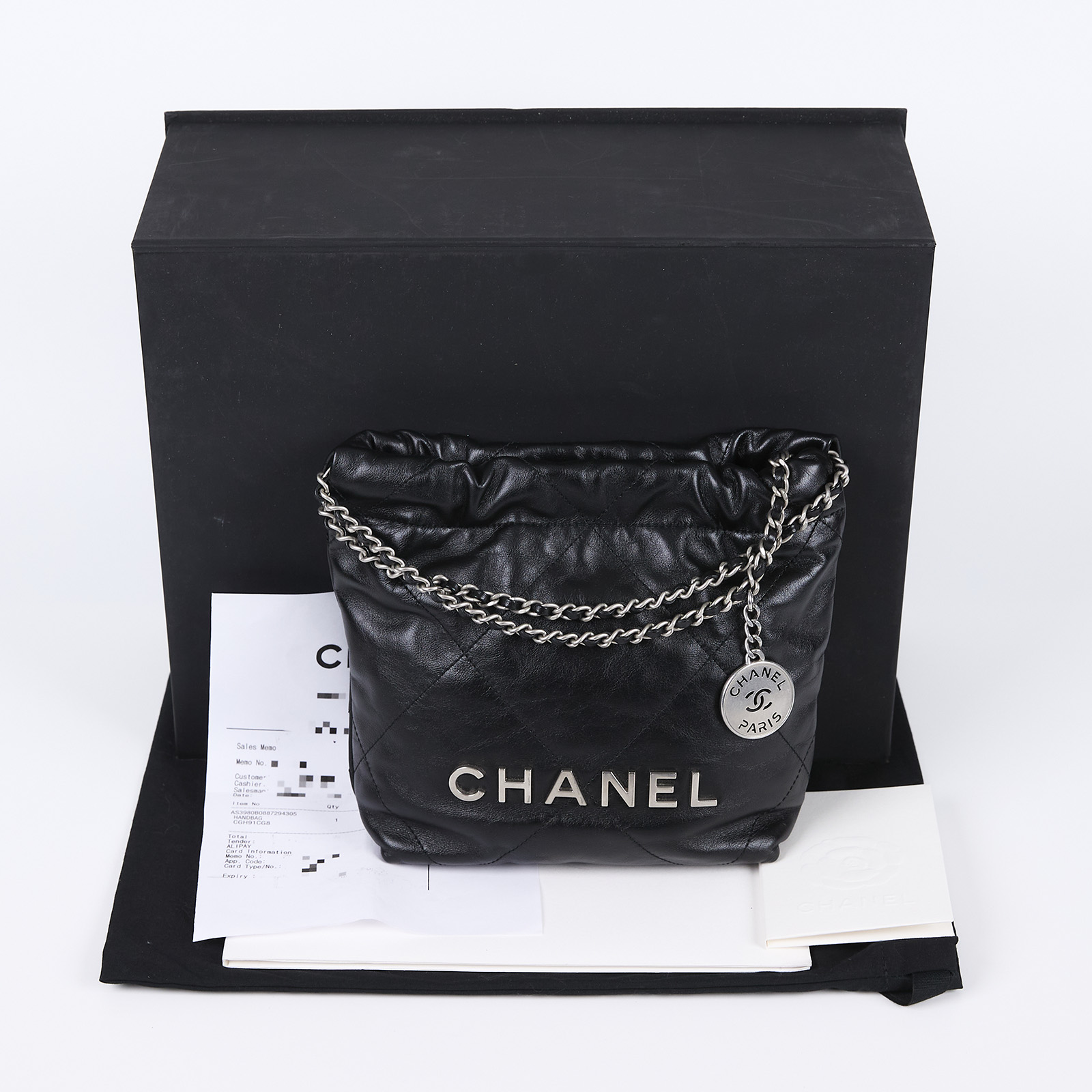 香奈兒 CHANEL 22 迷你 束口包 AS3980 晶片款 黑銀22包 MINI 原廠盒子/防塵袋/購買證明影本